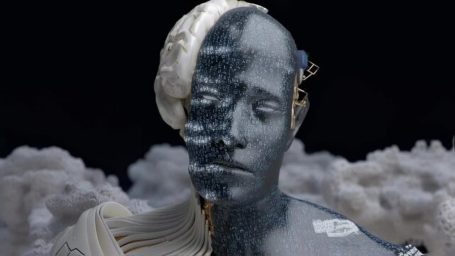 A conceptual art piece depicting a robotic figure with neural circuitry on one side and etched logic symbols on the other capturing the essence of a neurosymbolic hybrid entity capable