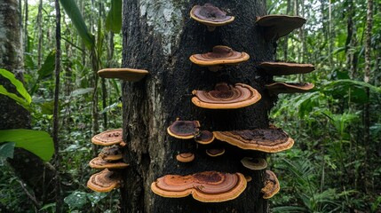 Wild Reishi mushrooms in various growth stages on a tree in a humid forest ecosystem