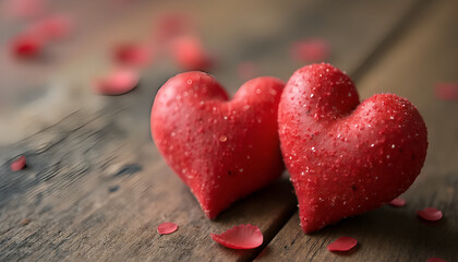Obraz premium Valentines day background with two red hearts on wooden background