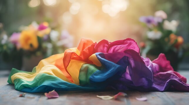 Rainbow pride flag elegantly waving in a sunlit garden surrounded by vibrant flowers during pride month celebration