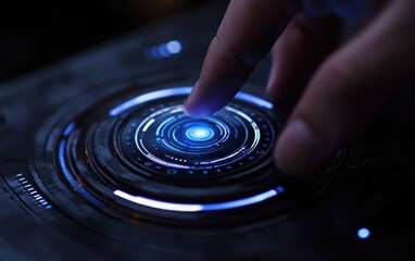 Finger activates glowing futuristic interface