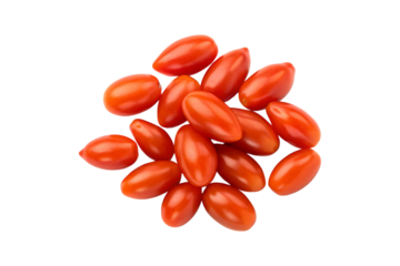 Pile of vibrant red grape tomatoes against on display transparent background