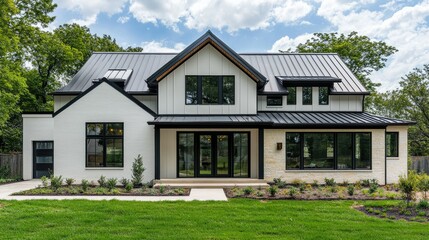 Zoomed-in detail of metal roof panels on a minimalist house with black trim and modern windows