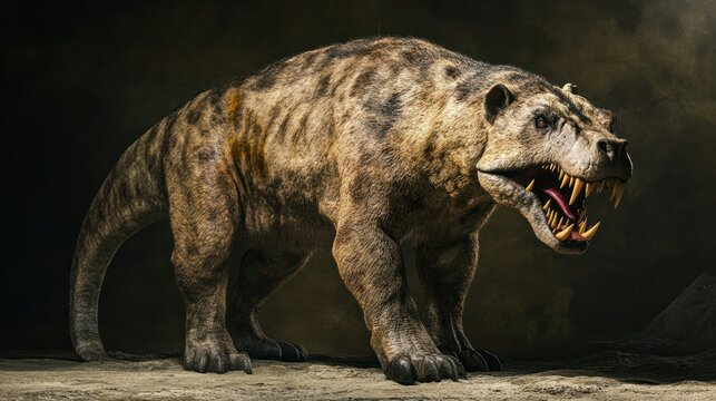 Massive prehistoric therapsid creature resembling a bear with fierce jaw and teeth, standing on muddy ground in a dark prehistoric landscape scene