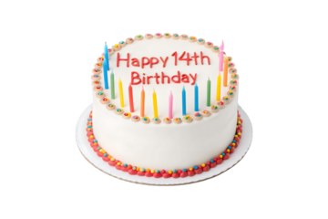 Celebratory 14th Birthday Cake with Candles and Colorful Decorations on transparent background