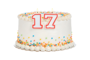 Celebration cake decorated with number 17 candles for a birthday party transparent background
