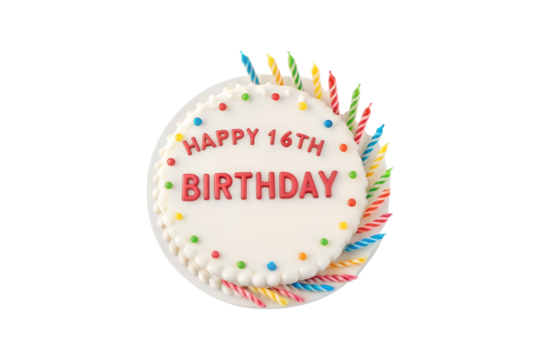 Delicious Happy 16th Birthday Cake with Colorful Sprinkles and Striped Candles transparent background - Powered by Adobe