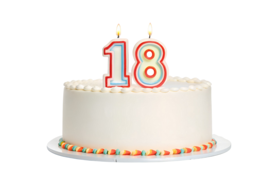 Celebratory cake with candles showing the number 18 for a special occasion transparent background - Powered by Adobe