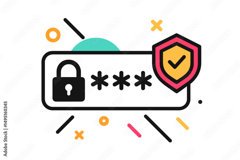 Poster modern vector illustration of a secure password input interface showcasing security icons and vibran