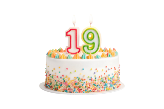 Festive 19th Birthday Cake with Colorful Sprinkles and Number Candles transparent background