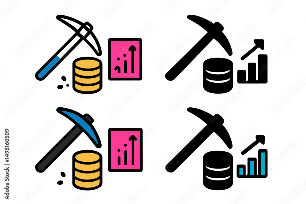Poster modern vector illustration of cryptocurrency mining with data analysis and growth indicators in four