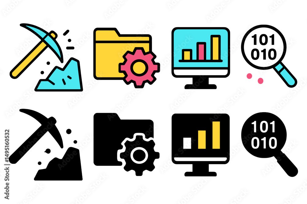 Poster modern vector illustrations of data mining concepts with tools, charts, and folders on a clean backg