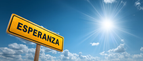 ESPERANZA dorada bandera; cielo claro, azul, celeste; espacio para texto