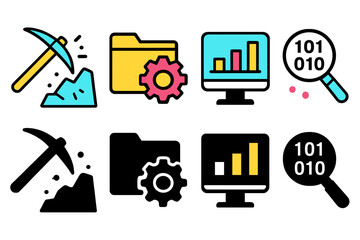 Modern vector illustrations of data mining concepts with tools, charts, and folders on a clean background showcasing technology and analytics