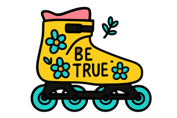 Creative vector design featuring a roller skate with a vibrant yellow color and floral details, promoting a message of positivity