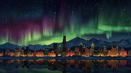 Northern Lights over city skyline at night, winter scene, for travel or fantasy art