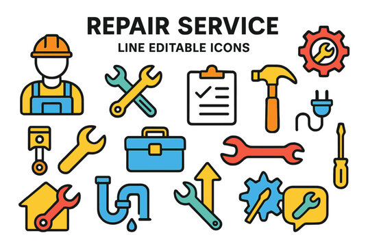 Modern vector illustration depicting a comprehensive repair service toolkit featuring various tools and equipment for maintenance tasks