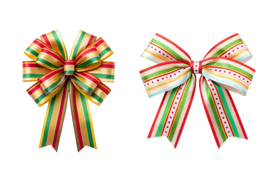 Two decorative ribbon bows with festive stripes and polka dots on gray background transparent background