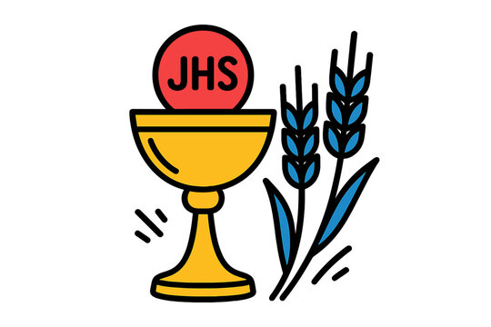 Christian symbol of Eucharist with golden chalice, wheat stalks, and JHS notation, representing tradition and faith