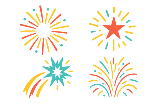Modern vector illustration of colorful fireworks in various shapes celebrating a festive night scene