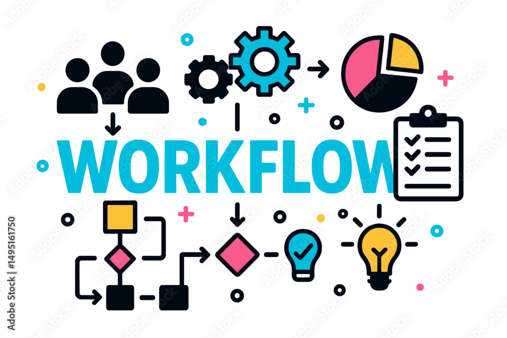 Poster modern vector illustration depicting an efficient workflow with charts, gears, and collaborative ele
