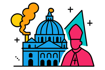 Modern vector illustration depicting a religious figure beside a historic building with colorful accents in a vibrant style