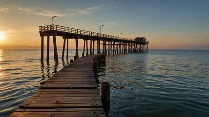 Wooden pier stretches into serene ocean at sunset with a building on end