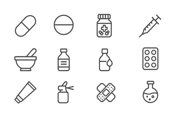 Modern vector illustration showcasing essential healthcare and pharmaceutical items in a clean layout