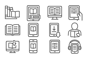 Modern vector illustration of e-book reading and digital literature activities showcasing various devices and formats