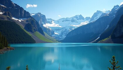 Scenic turquoise waters of Moraine Lake with majestic mountains under blue sky