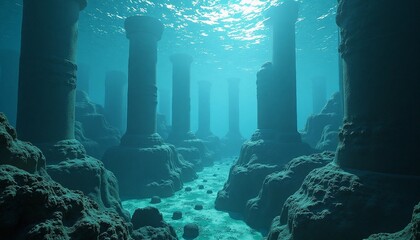 Underwater Ruins: Ancient Columns Submerged in a Mysterious Aquatic Realm
