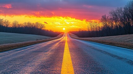 Sunrise highway through fields