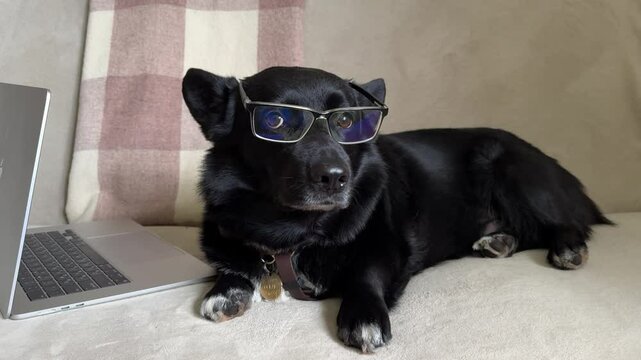 An inquisitive Black and white Corgi dog is lying on the couch with a laptop. High quality 4k footage