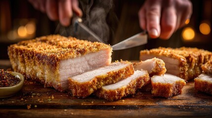 Sliced, crispy pork loin, ready to be served.  Aromatic and golden-brown,  the crispy exterior contrasts with the tender interior.  Expertly sliced and presented on a wooden board