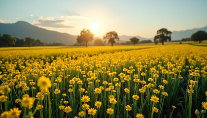 Vibrant yellow floral tapestry stretching across sun kissed meadow landscape