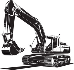Mini excavator silhouette, construction vehicle vector illustration