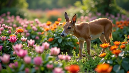 Graceful canine amidst a colorful flower meadow, bathed in the golden light