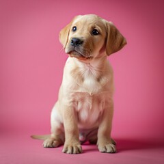 Fototapeta premium Adorable Golden Retriever Puppy on Pink Background