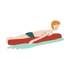 Illustration of a young caucasian male swimming on inflatable pool float.