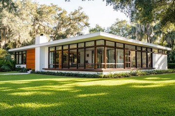 Fototapeta premium Modern Mid-Century Ranch House nestled in lush greenery