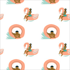 Seamless pattern of african female swimming with pink flamingo float.