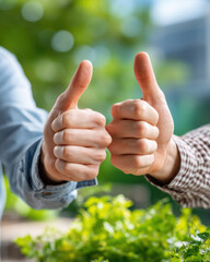 Two pairs of hands give thumbs up gesture showing approval, success, and positive feedback with a blurred green background conveying an optimistic outlook.