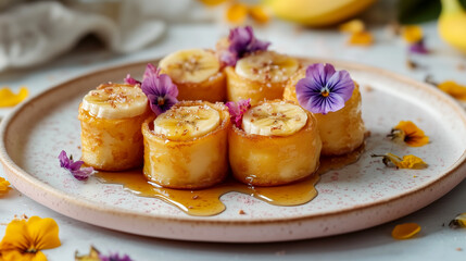 Mini crepes filled with caramelized banana slices, with edible flowers and honey.