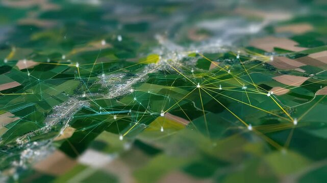 An abstract illustration of an AI neural network with lines connecting various renewable energy nodes on a microgrid map symbolizing the complex calculations and predictions made to
