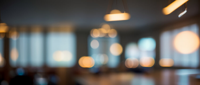 Blurred interior with lights and windows creating a bokeh effect.Premium dark bright bokeh office room photo for pamphlet, poster and banner background