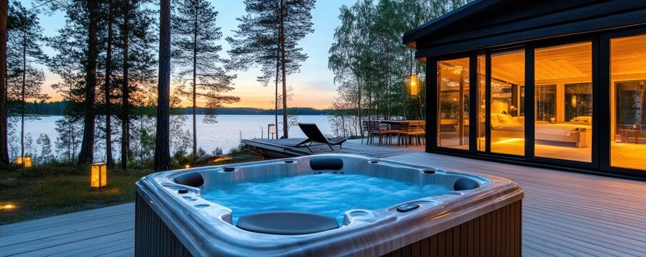 Luxury Lakeside Hot Tub Getaway at Sunset