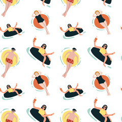 Seamless pattern of diverse women and men relaxing on pool floats in swimsuits.