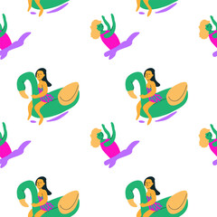 Cartoon pattern of diverse women on pool floats and swimming in water