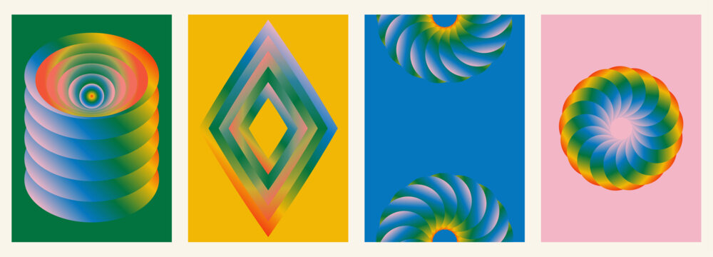 Psychedelic Geometric Poster Set with Rainbow Gradients and Reggae Color Vibes. Vector template for social media poster, summer festival, beach party, Album Cover, Festival Flyer or Music Poster