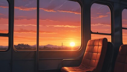 Fototapeta premium Golden Hour Journey: Scenic Sunset View from a Train Window